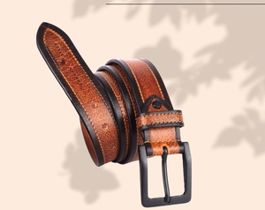 Men's High Quality Cow Hide <b>Striped</b> Lightweight Casual Belt Alloy Western Buckle Double Stitched 2.5cm Width Customizable Length - Product Image 3