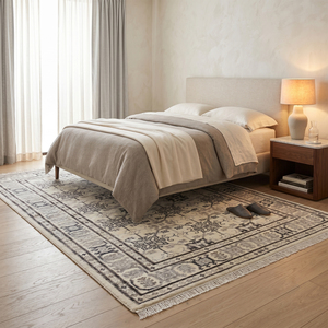 Tapis en laine gris ivoire moderne à motifs floraux, antidérapant, écologique, tufté à la main, à poils épais, avec bordure ornementale médaillon vieilli pour salon - Product Image 3