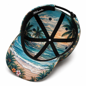 Casquette de baseball à 6 panneaux avec logo brodé personnalisé et sublimation |   Casquette snapback à imprimé palmiers tropicaux hawaïens sur toute la surface, réglable - Product Image 3