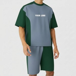 ชุดเซ็ตเสื้อยืดโอเวอร์ไซส์และกางเกงขาสั้นสองชิ้น ดีไซน์ใหม่สำหรับผู้ชาย แต่งผ้าตัดต่อสไตล์ลำลอง เหมาะสำหรับใส่เที่ยวเล่น  รับสกรีนโลโก้ได้ - Product Image 4