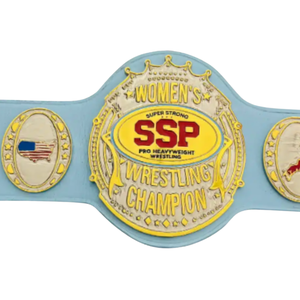เข็มขัดแชมป์มวยปล้ำ SSP สำหรับผู้หญิง สายสีน้ำเงินคุณภาพสูง พร้อมธงชาติอเมริกาและญี่ปุ่น และดีไซน์แผ่นทอง - Product Image 5