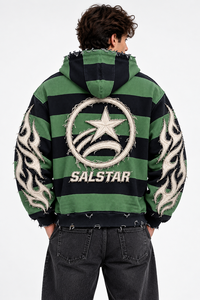 Sweat à capuche zippé Salstar pour homme, vert et noir rayé, style streetwear, motif flamme, personnalisation du logo de marque disponible - Product Image 2