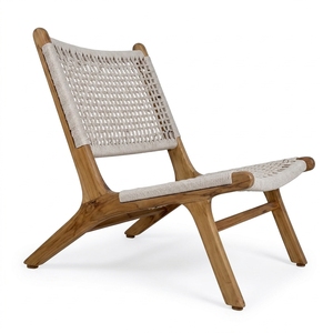 Nuevo Sillón Moderno Minimalista de Madera de Teca, Silla de Ratán Blanco Tejido sin Brazos, Silla de Descanso para Patio y Sala de Estar - Product Image 1