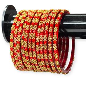 Bracelets de mariée en verre rouge vif de luxe avec clous en perles plaqués or, collection de mariage tendance pour femmes - Product Image 2