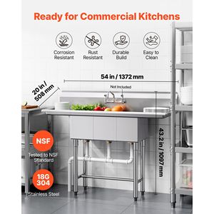 Lavello Commerciale a 3 Scomparti in Acciaio Inossidabile 304 Calibro 18, Vasca 25x35x25 cm, per Preparazione Cibo in Cucina - Product Image 2