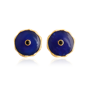 Trendy fashion jewelry round shape blue jade stone <b>stud</b> earrings with black cz inlay texture metal 18k gold plated women <b>studs</b> - Product Image 1