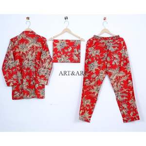 Conjunto de Pijama Elegante de Algodón para Mujer, Manga Larga, para Verano, Camisa y Pantalón, Estampado Floral Indio Hecho a Mano, Transpirable y Suave - Product Image 4