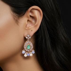 Vintage Gajaah 925 Sterling <b>Silver</b> Oval Enamel Handcrafted Green Gemstone Earrings <b>Set</b> For Women Wedding And Party Wear - Product Image 1