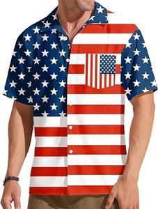 Chemise hawaïenne rouge, blanche et bleue pour hommes, chemise patriotique pour les vacances à la plage - Product Image 1