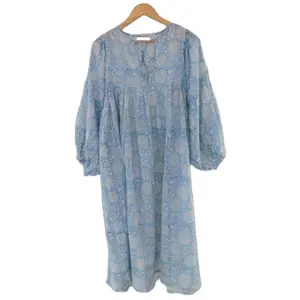 Cotton Casual Summer Sleepwear Floral Hand Block Print Women Light Blue Long Kurti Hippie & Boho Dress