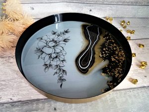 Bandeja redonda de metal para servir, de resina, dorada, negra, blanca, con motivo floral - Product Image 1