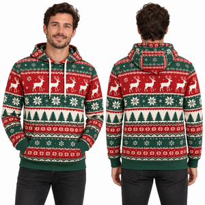 Sweat-shirt à capuche pour homme, imprimé rennes et flocons de neige bleus, en polyester tricoté, décontracté, hiver, avec poche, coupe classique - Product Image 3