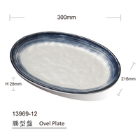 Assiette ovale en mélamine de 12 pouces, bord bleu, aspect céramique texturé, assiettes de service pour sushis et poissons pour restaurant, vaisselle en mélamine