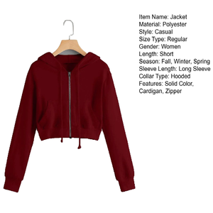Women's Burgundy <b>Cropped</b> Hoodie <b>Zip</b>-<b>Up</b> Long Sleeve Solid Color Knitted Sweatshirt Autumn Wear - Product Image 3