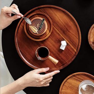 Plateau à café rond en bois à motif floral moderne, plateau de service décoratif pour le thé, ensemble de bols à trempette et soucoupes pour café et maison - Product Image 1