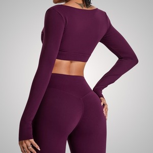 Women Yoga Set Long Sleeve V-Neck Crop Scrunch Back Shorts Activewear - Product Image 5