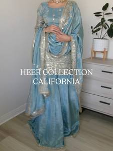 Nouveau costume Sharara en chinon brodé par des designers, avec broderies de sequins, entièrement cousu, avec élastique, lourd et prêt-à-porter - Product Image 2