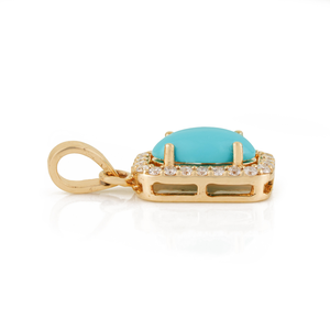 Minimal Design Oval Shape Turquoise & Round Cut Diamond Simple Halo <b>Pendant</b> Fine 14K <b>Solid</b> Yellow <b>Gold</b> Everyday Girls Jewelry - Product Image 5