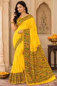 Designer Hand Painted Madhubani Traditional Mithila Painting Floor-Length Desi Tasar <b>Saree</b> <b>Women</b> Ethnic Wrinkle-Free Reversible - Product Image 5