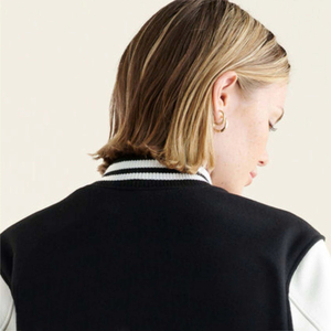 Women's Casual <b>Varsity</b> <b>Jacket</b> Black White Letter R Front Embroidery Short Sleeve Stand Collar Regular Fit Autumn Winter Knitted - Product Image 5