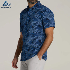 เสื้อโปโลชายพิมพ์ลายคุณภาพสูงแบบกำหนดเอง เสื้อโปโลลำลองฤดูร้อนลายต้นปาล์มสีน้ำเงิน แขนสั้น ระบายอากาศได้ดี เสื้อโปโลชายสำหรับเล่นกอล์ฟ - Product Image 2