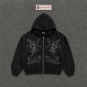 Sweat à capuche graphique Black Angel, délavé vintage, coupe oversize, streetwear, pull gothique, style artistique, épais, décontracté, unisexe, mode, soldes - Product Image 5
