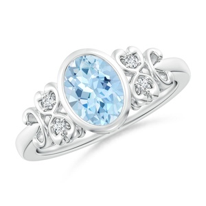 Anillo de Compromiso de Oro de 14K Personalizable con Aguamarina Ovalada Natural y Diamantes en Forma de Corazón, Anillo Clásico Vintage con Racimo Delicado - Product Image 1
