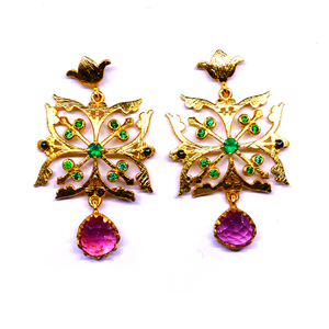 Pendientes colgantes de copo de nieve chapados en oro con amatista y piedras preciosas verdes, joyería vintage para fiesta para mujer - Product Image 6