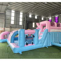 Château gonflable commercial 6M rose et bleu avec toboggan, zone de saut et piscine aquatique pour fêtes d'enfants en extérieur