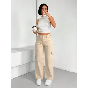 Jean cargo vintage rétro beige multipoches pour femme, 100 % coton, écologique, respirant, pantalon tendance, taille 26-40 - Product Image 3