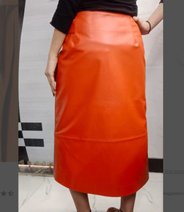 Women <b>High</b> Waist Orange PU Leather Wrap Skirt <b>Knee</b>-Length Solid Color Belted Design All Seasons Style - Product Image 3