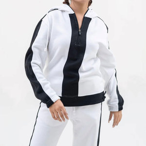 Women Plus Size Tracksuit Set White Black Color Blocking Half-<b>Zip</b> Long Sleeve Loose Fit Autumn Full Length With Side Pockets - Product Image 6