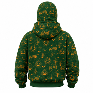 Custom Green Halloween Full Zip Face Mask Hoodie All Over Pumpkin Bat Print Oversized Streetwear Hoodie Unisex Winter Fashion - Product Image 3