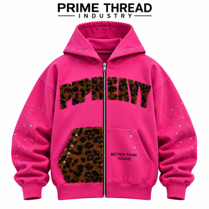 Wholesale Custom <b>Pink</b> Rhinestone Zip Up Hoodie Leopard Print Applique Oversized Streetwear Full Zip Hooded <b>Sweatshirt</b> - Product Image 2