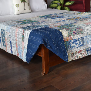 Hand Block Printed Cotton Kantha Twin <b>Throw</b> Quilt 150x220cm Hand Embroidered Indian Handmade Bedspread Traditional Textile Decor - Product Image 4
