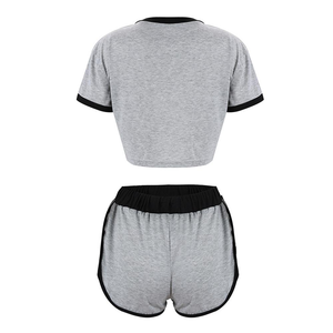 Ensemble haut court et short en molleton gris pour femme, col rond, manches courtes, couleur unie, décontracté, avec cordon de serrage et poches latérales, tenue d'hiver - Product Image 3