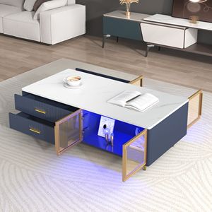 Tavolino da Caffè Moderno Multicolore con Illuminazione, 2 Ante in Vetro, 4 Cassetti e Gambe in Metallo Dorato, 120 cm - Product Image 3