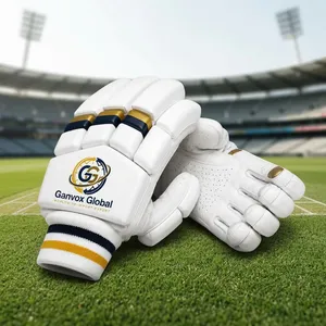 Guantes de Bateo de Cricket Ganvox Global, de Cuero Blanco Transpirable con Detalles en Dorado y Azul Marino, para Todas las Temporadas, Embalaje Incluido - Product Image 1