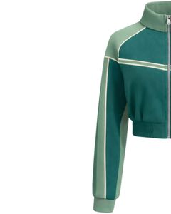Chaqueta deportiva corta Green Sage para mujer, con cremallera, para gimnasio, fitness, ropa deportiva, con rayas en contraste, proveedor OEM. - Product Image 3