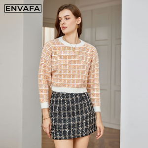 Pull tricoté décontracté coloré à col rond pour femme, pull court d'automne à manches longues, anti-plis, respirant, color block, personnalisé - Product Image 1