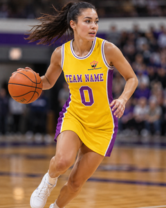 Robe de basket-ball pour femmes, jaune et violette, uniforme d'équipe sportive avec nom, numéro et logo personnalisés - Product Image 6