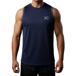 T-shirt sans manches en maille polyester avec logo personnalisé, blanc uni, impression numérique, col rond, décontracté, tricoté, respirant, séchage rapide pour homme - Product Image 1
