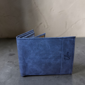 Elion Slim Blue Vintage Foldable Short Vegan Leather <b>Wallet</b> with Letter Detail for Men Daily Use Card Holder - Product Image 2