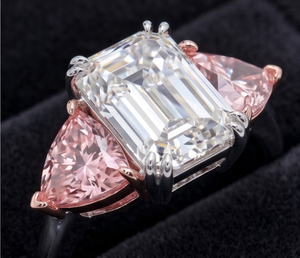 Luxury Emerald with Fancy Pink Trillion Side Lab Grown Diamond Engagement <b>Ring</b> <b>Statement</b> <b>Ring</b> for Women | Special event Party - Product Image 4
