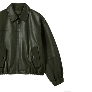 Blouson Bomber Unisexe en Cuir Véritable Vert Olive Foncé Coupe Ample Style Aviateur OEM Fermeture Éclair Décontracté Court et Ample - Product Image 3