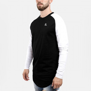 Men's Long Sleeve O-Neck Solid Color Cotton Jersey Breathable <b>T</b>-<b>Shirt</b> Front Logo Blank Contrast Trim Casual Style <b>White</b> Black - Product Image 3