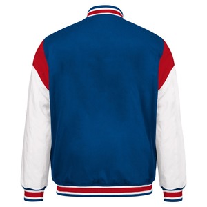 Men's Blue Varsity <b>Jacket</b> With Red And <b>White</b> Color Blocking Button Closure Regular Fit Preppy Style Autumn Wear - Product Image 2