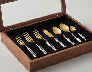 Ensemble de couverts modernes plaqués or avec manche noir et blanc, compatibles lave-vaisselle, pour mariage et usage quotidien. - Product Image 6
