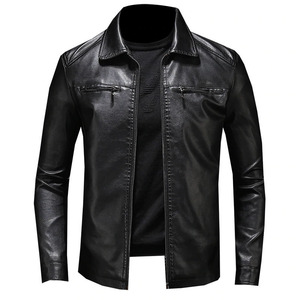 Blouson en cuir PU noir pour homme, style motard, col montant, respirant, fermeture éclair, coupe ajustée, longueur standard, couleur unie, hiver - Product Image 1