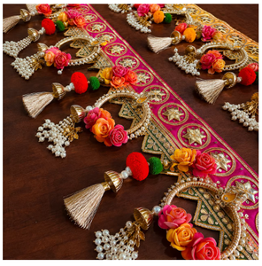 Traditional Indian Toran with Pink Lotus Beaded Tassels and Gold Embroidery for Diwali Entryway Decor Door Hanging - Product Image 5
